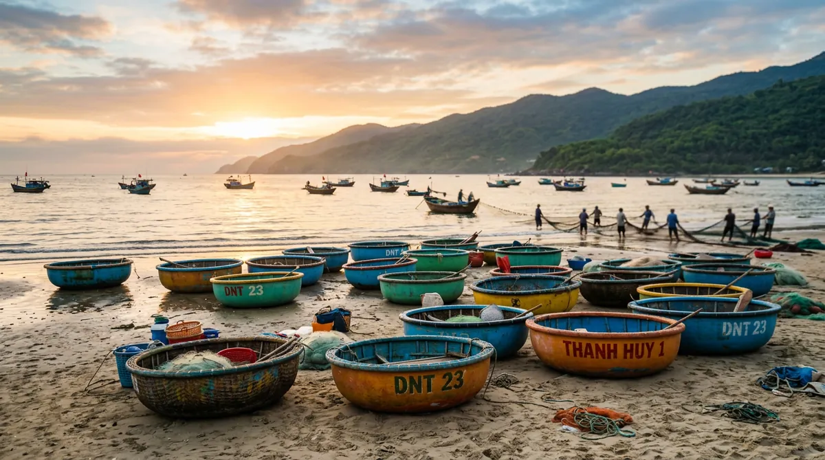 Cảnh ngư dân và những chiếc thuyền thúng đầy màu sắc trên bãi biển Mân Thái vào buổi sáng sớm.