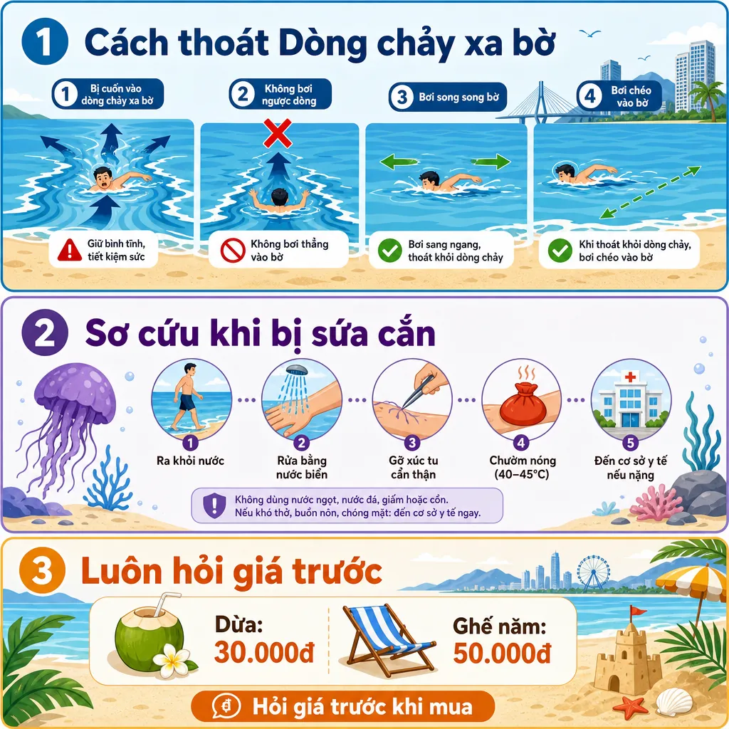 Infographic hướng dẫn an toàn khi đi biển Đà Nẵng: cách thoát dòng chảy xa bờ, xử lý khi bị sứa cắn và cách tránh chặt chém.