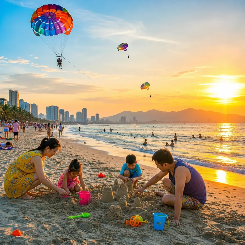 Toàn cảnh bãi biển Mỹ Khê Đà Nẵng sôi động với các hoạt động vui chơi trên biển.