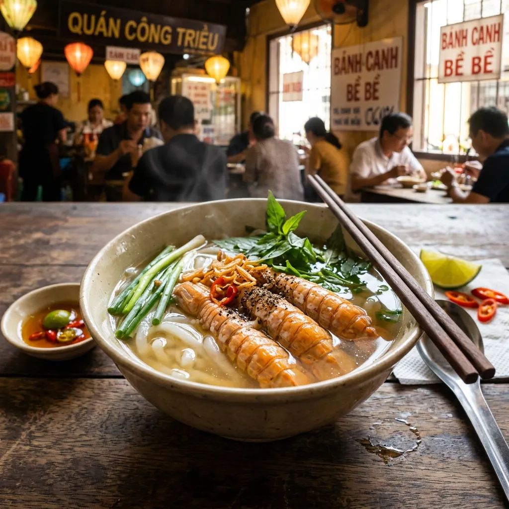 Tô bánh canh bề bề tại quán Công Triều với nước dùng trong vắt, chuẩn vị truyền thống.