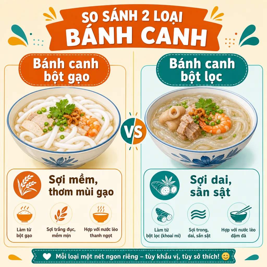 Infographic so sánh sự khác biệt về đặc điểm và kết cấu giữa bánh canh bột gạo và bánh canh bột lọc.