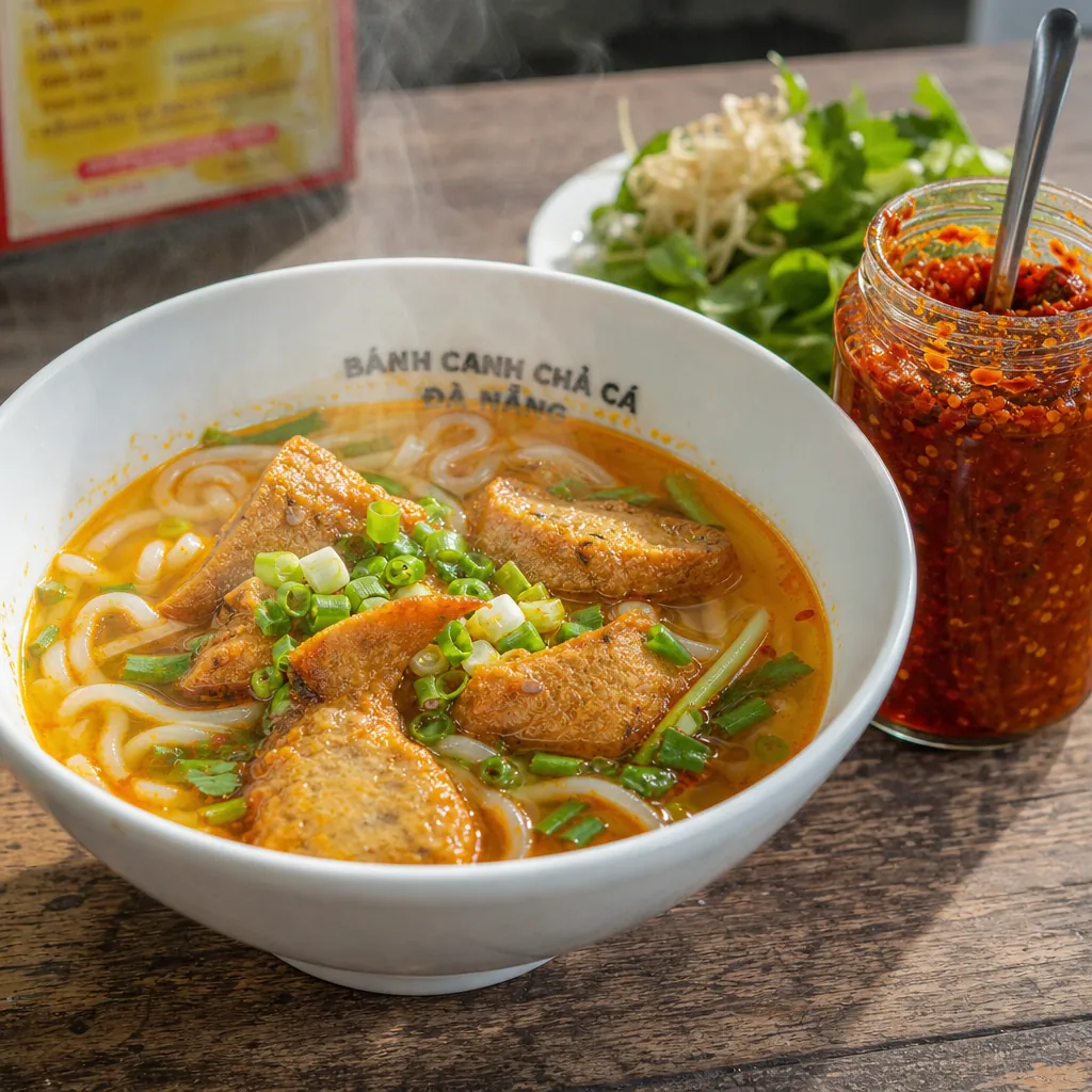 Tô bánh canh chả cá Bà Thu cay nồng, bốc khói nghi ngút với hũ sa tế ớt đỏ rực đặt bên cạnh.