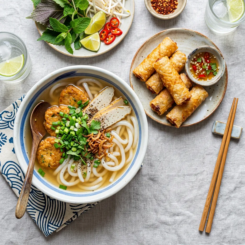 Tô bánh canh chả cá Ruộng được bày biện đẹp mắt bên cạnh những cuốn ram chiên giòn rụm độc đáo.