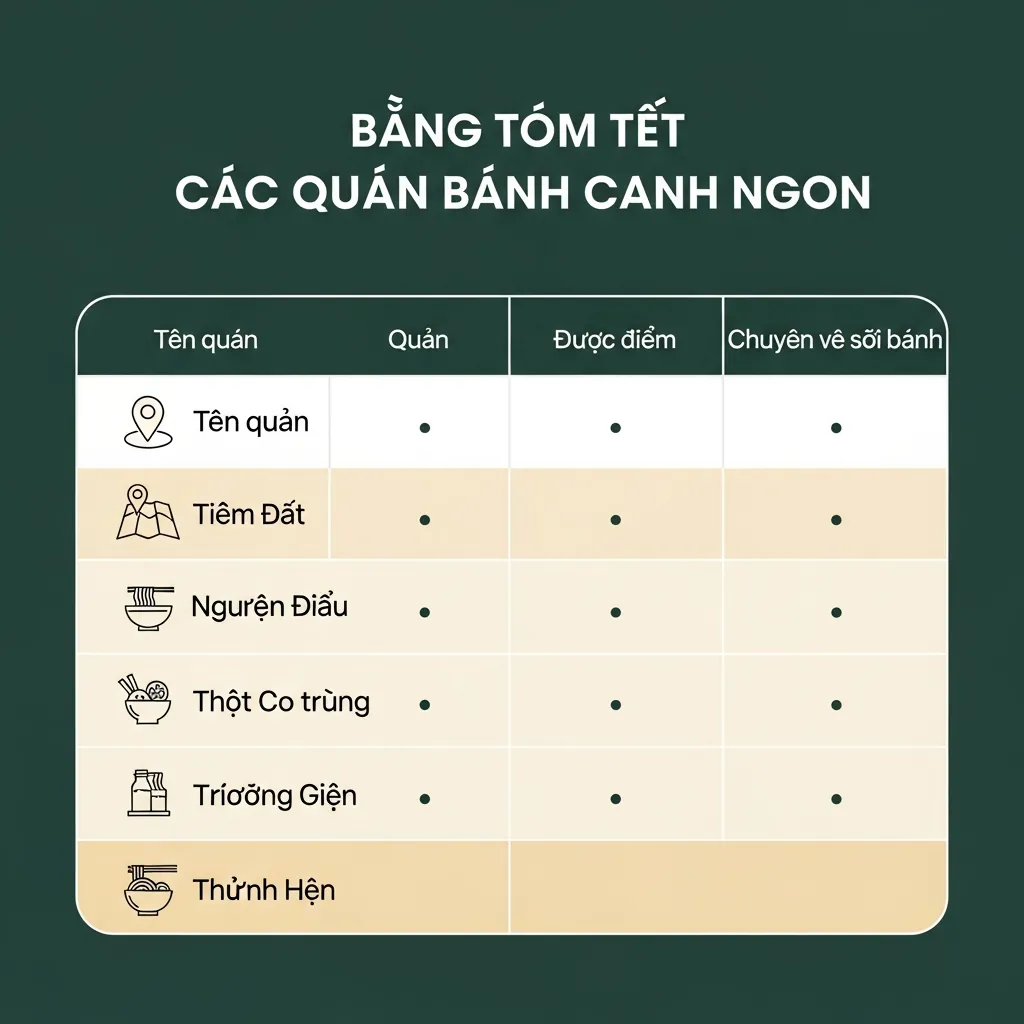 Bảng tóm tắt so sánh 5 quán bánh canh ngon ở Đà Nẵng, giúp dễ dàng lựa chọn.