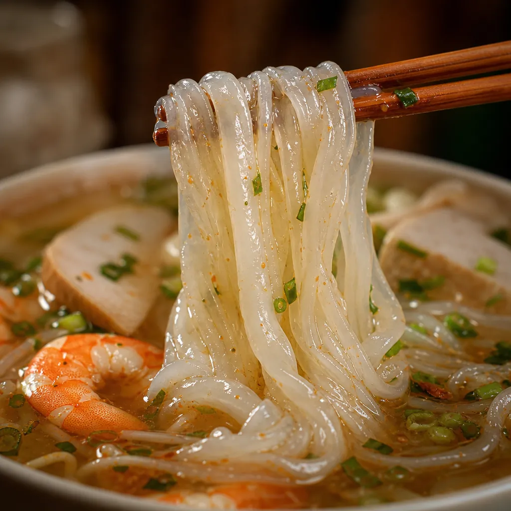 Cận cảnh sợi bánh canh bột lọc trong veo và dai sần sật, đặc sản của quán Bánh Canh Bà Đợi.