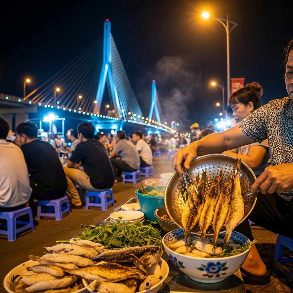 Cảnh ăn bánh canh cá nướng vỉa hè về đêm, với Cầu Thuận Phước được thắp sáng ở phía sau.