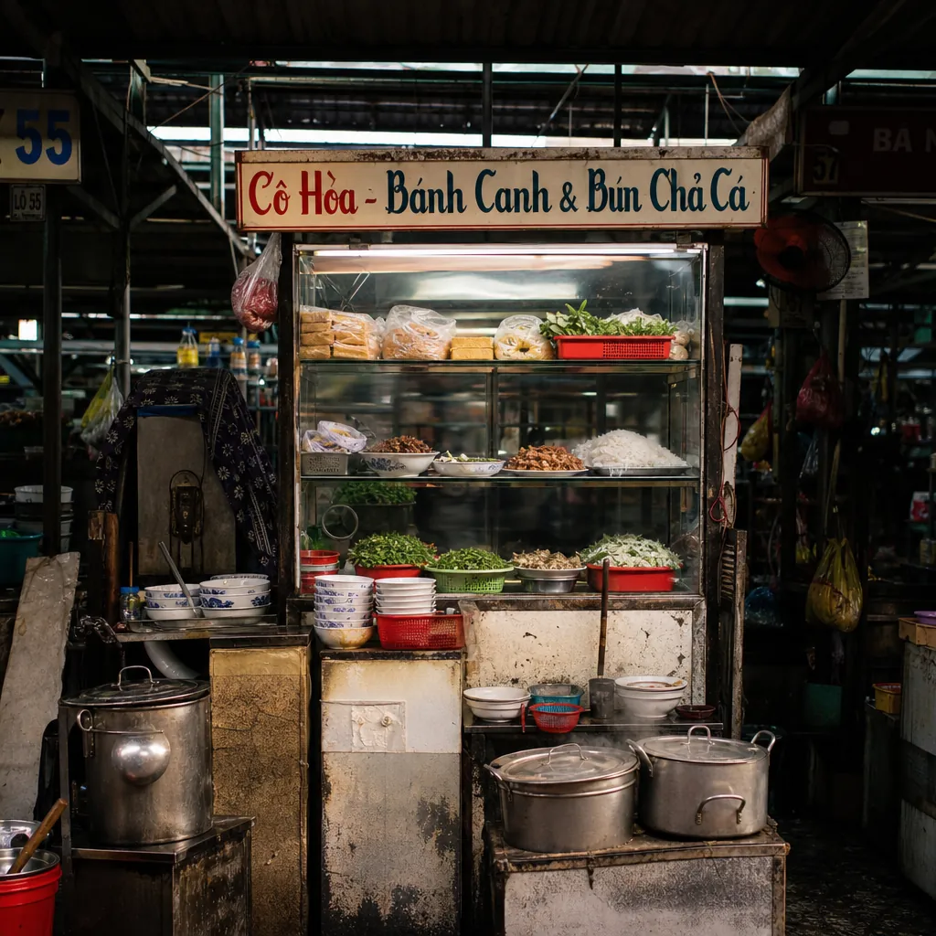 Hình ảnh một gian hàng bánh canh nhỏ, đậm chất địa phương bên trong khu chợ An Hải Bắc, Đà Nẵng.