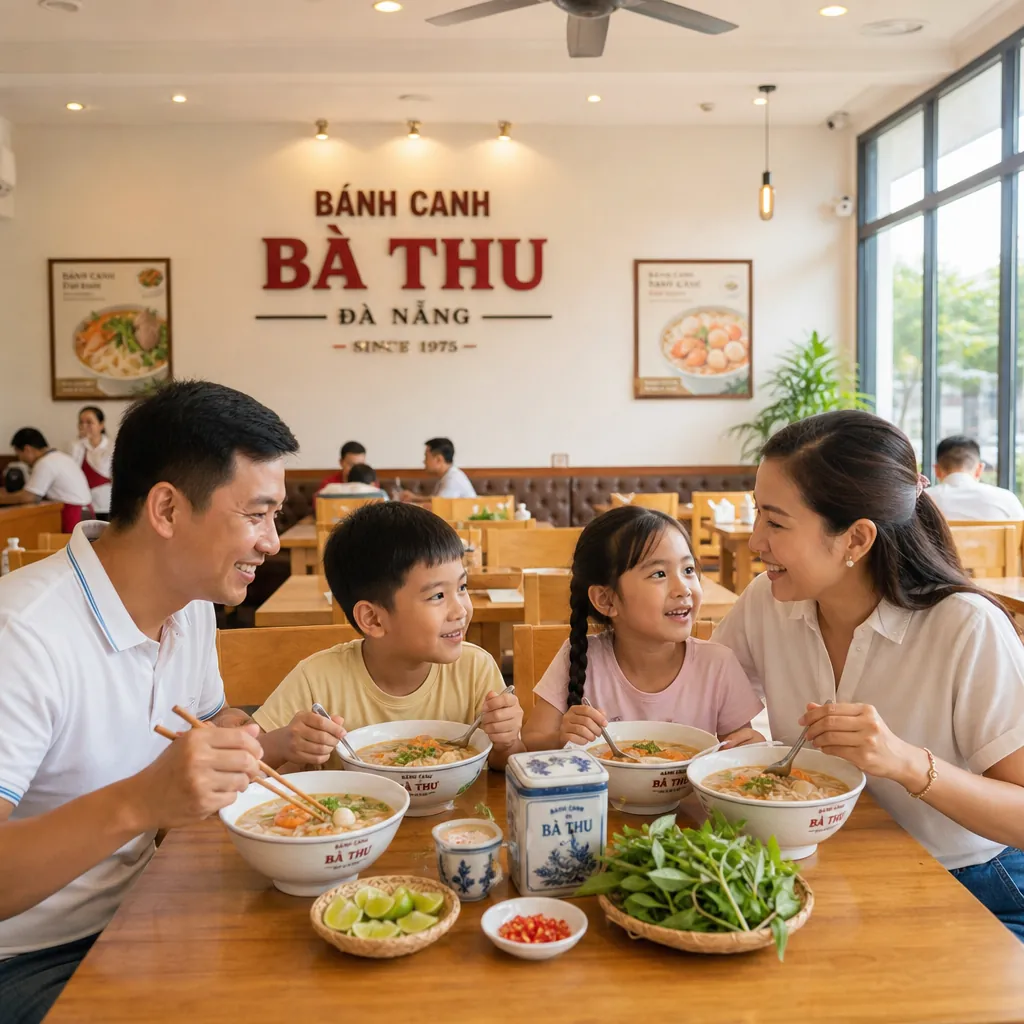 Không gian sạch sẽ, sáng sủa và rộng rãi bên trong quán Bánh Canh Bà Thu, phù hợp cho gia đình.