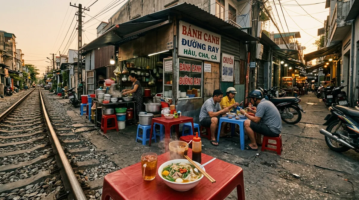 Khung cảnh quán Bánh Canh Đường Ray nép mình trong con hẻm nhỏ cạnh đường ray xe lửa ở Đà Nẵng.