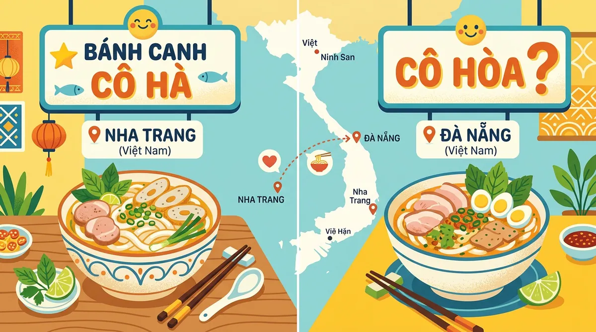 Minh họa sự nhầm lẫn giữa Bánh canh Cô Hà nổi tiếng ở Nha Trang và một quán tên gần giống ở Đà Nẵng.