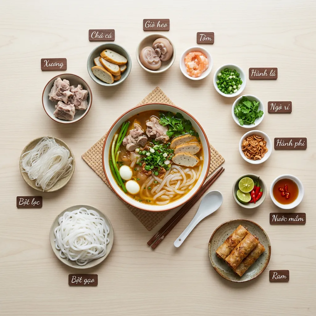 Sơ đồ trực quan hướng dẫn cách chọn sợi bánh, topping và đồ ăn kèm khi gọi bánh canh ở Đà Nẵng.