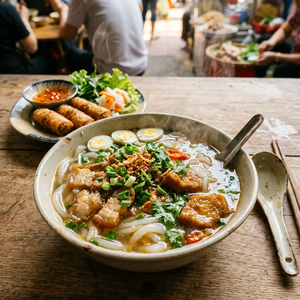 Tô bánh canh ruộng Hà Thị Thân đầy đặn với chả cá, trứng cút và ram chiên giòn hấp dẫn.