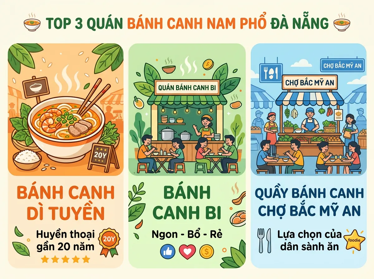 Infographic tóm tắt 3 quán bánh canh Nam Phổ ngon tại Đà Nẵng: Dì Tuyền, Bi, và Chợ Bắc Mỹ An.
