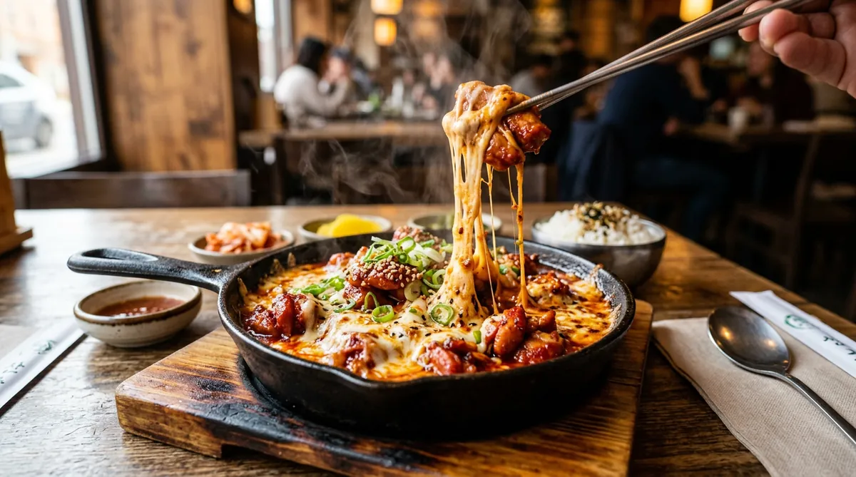 Chảo gà không xương phô mai nóng hổi tại Don Chicken với lớp phô mai tan chảy, kéo sợi cực kỳ hấp dẫn.