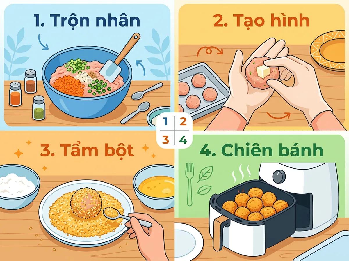 Hướng dẫn 4 bước làm bánh gà phô mai tại nhà được minh họa bằng hình vẽ: trộn nhân, tạo hình, tẩm bột, và chiên bánh.