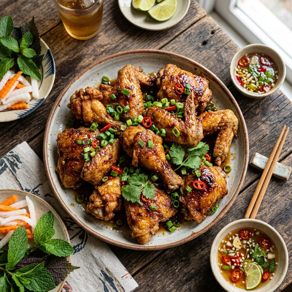 Một đĩa gà chiên mắm vàng óng, bóng bẩy được bày biện đẹp mắt trên bàn gỗ.