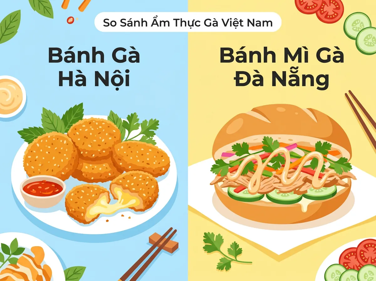 So sánh hình ảnh bánh gà Hà Nội dạng viên và bánh mì gà Đà Nẵng dạng ổ bánh mì.