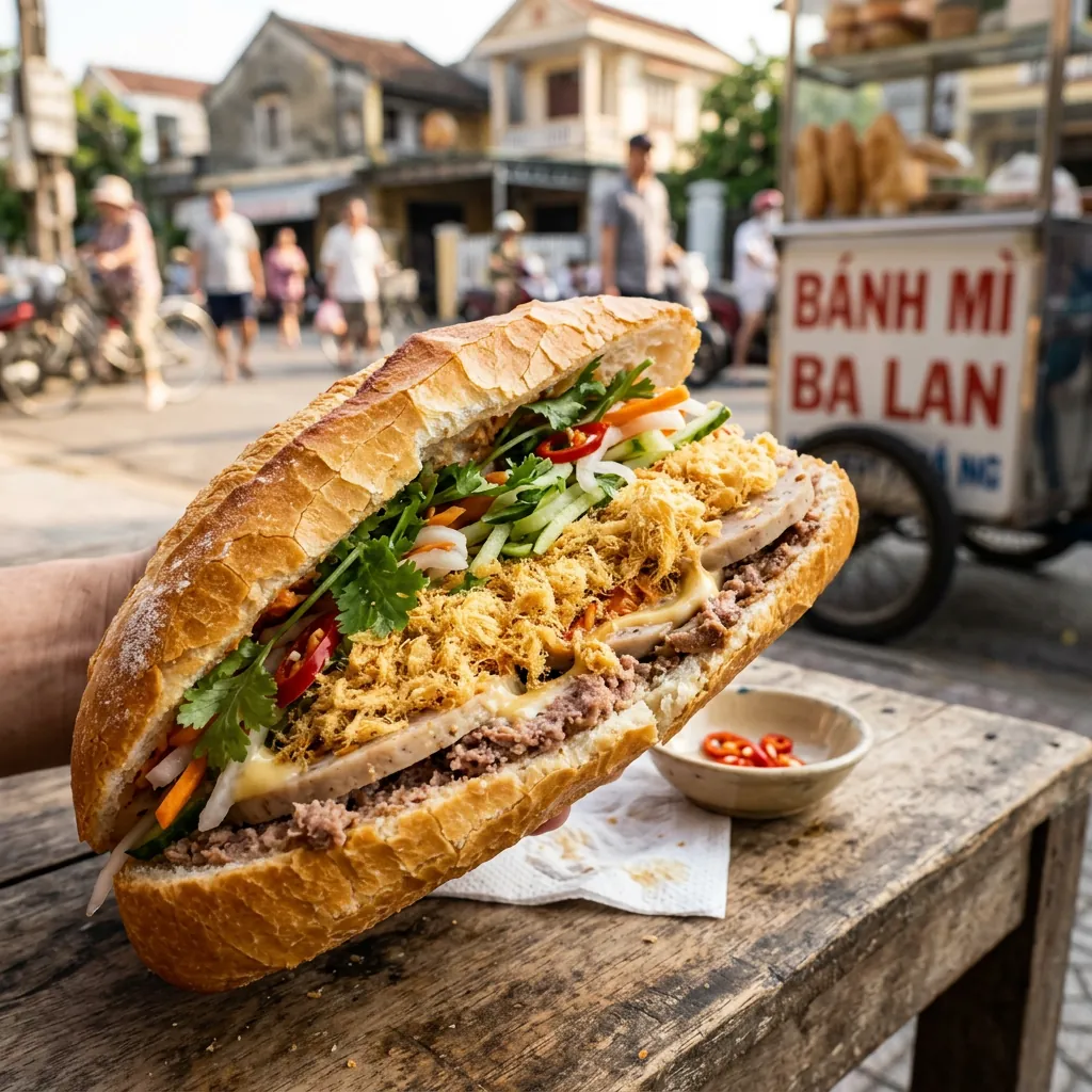 Cận cảnh ổ bánh mì gà Bà Lan giòn rụm với phần nhân đầy đặn gồm pate, chà bông và sốt đặc trưng.