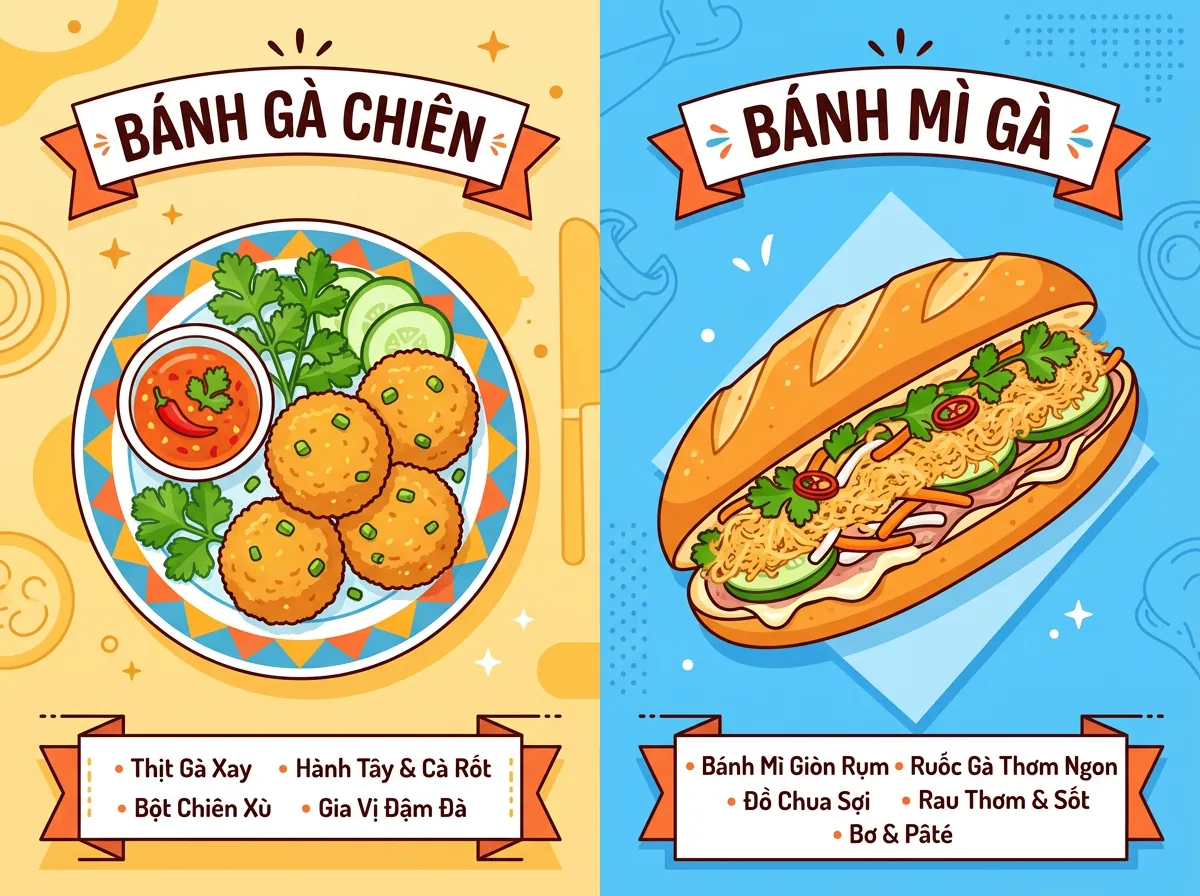 Hình ảnh so sánh sự khác biệt giữa Bánh Gà Chiên (viên tròn) và Bánh Mì Gà (ổ bánh mì kẹp).