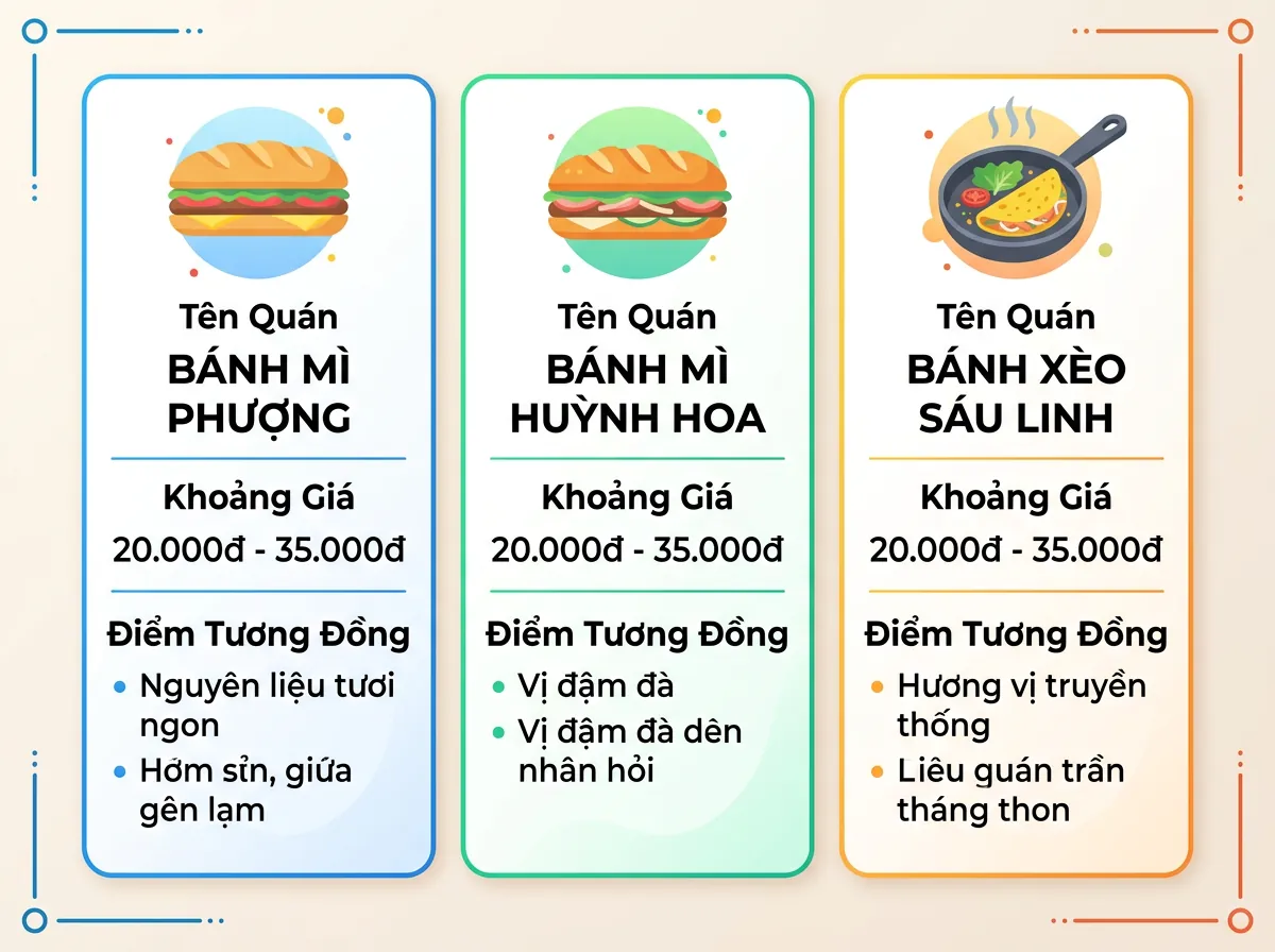 Bảng so sánh Bánh Mì Bà Lan, Bánh Mì Ông Tý, và Bánh Mì Chảo Cô Hằng về giá, đặc điểm tương đồng với bánh mì dân tổ.