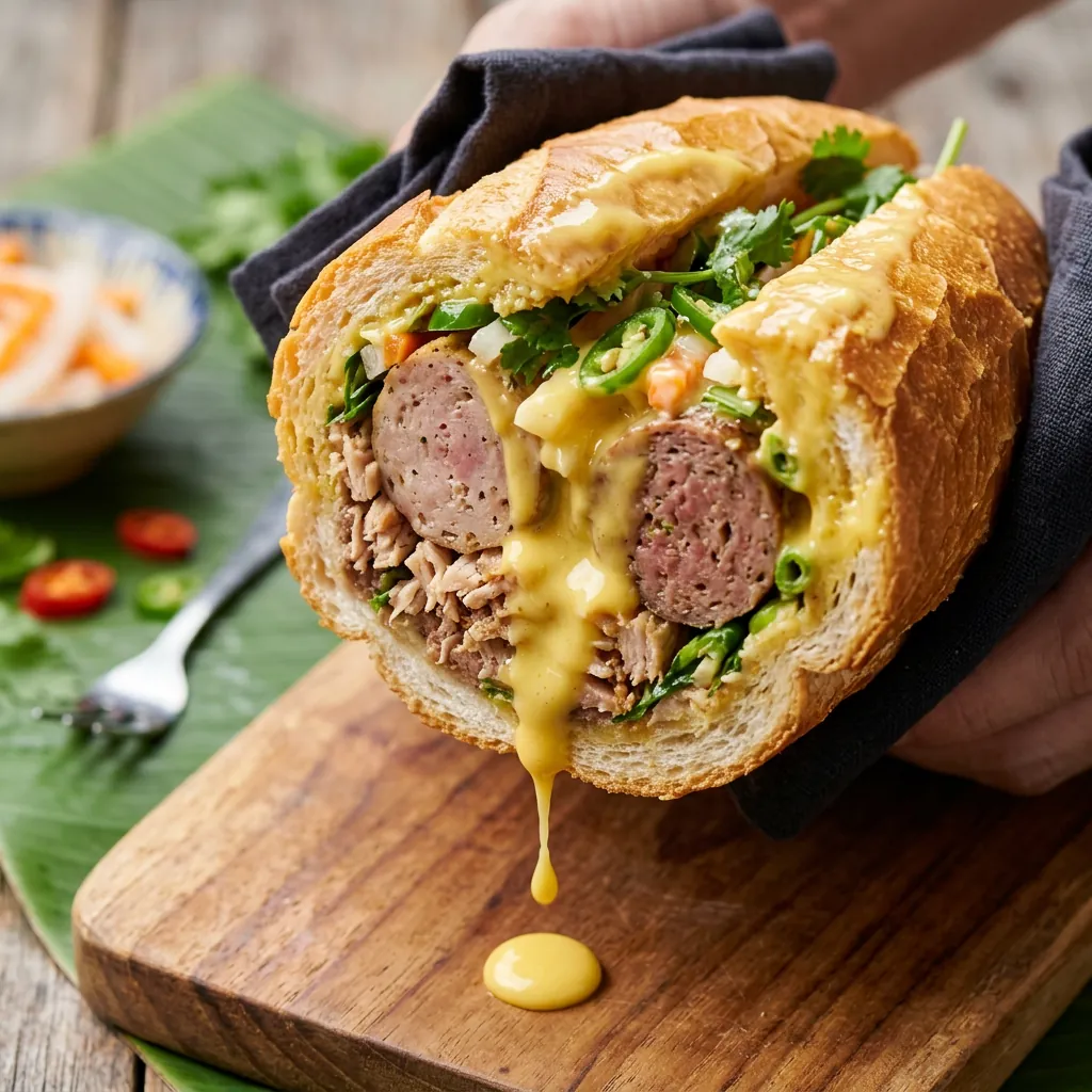 Cận cảnh bánh mì Ông Tý với phần sốt bơ trứng gà béo ngậy đặc trưng đang chảy xuống từ phần nhân.