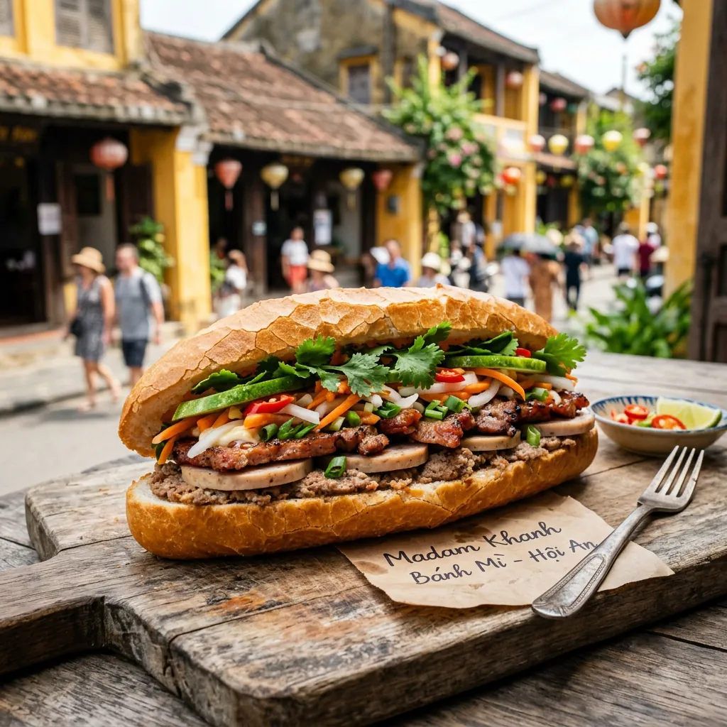 Cận cảnh ổ bánh mì Madam Khánh huyền thoại tại Hội An, vỏ bánh vàng giòn và phần nhân đầy ắp với hơn 10 loại nguyên liệu.