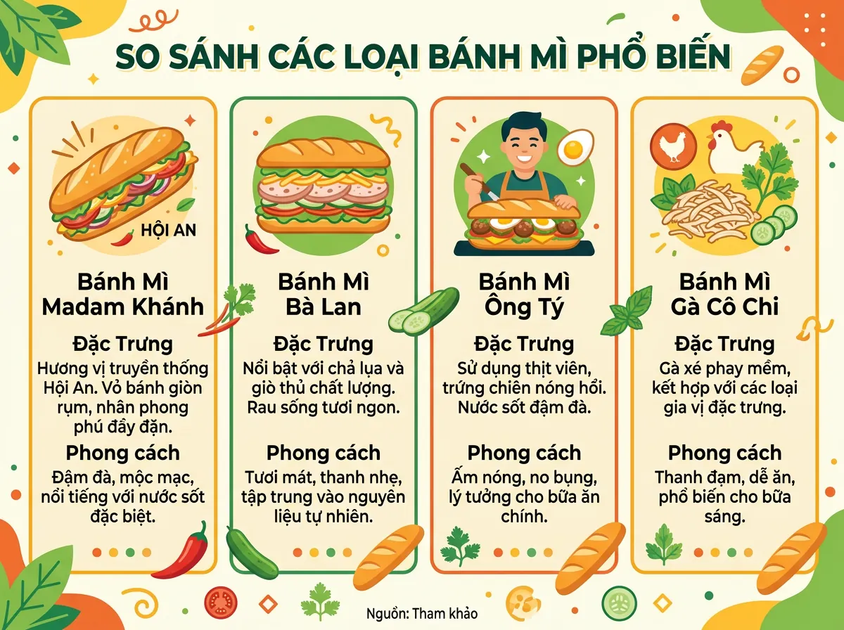 Infographic so sánh bốn tiệm bánh mì: Madam Khánh, Bà Lan, Ông Tý, và Cô Chi về các đặc trưng, giá cả, và phong cách.