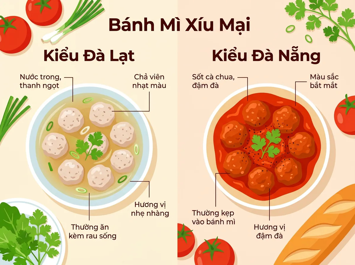 Infographic so sánh hai kiểu bánh mì xíu mại: kiểu Đà Lạt với nước dùng trong và kiểu Đà Nẵng với sốt cà chua.