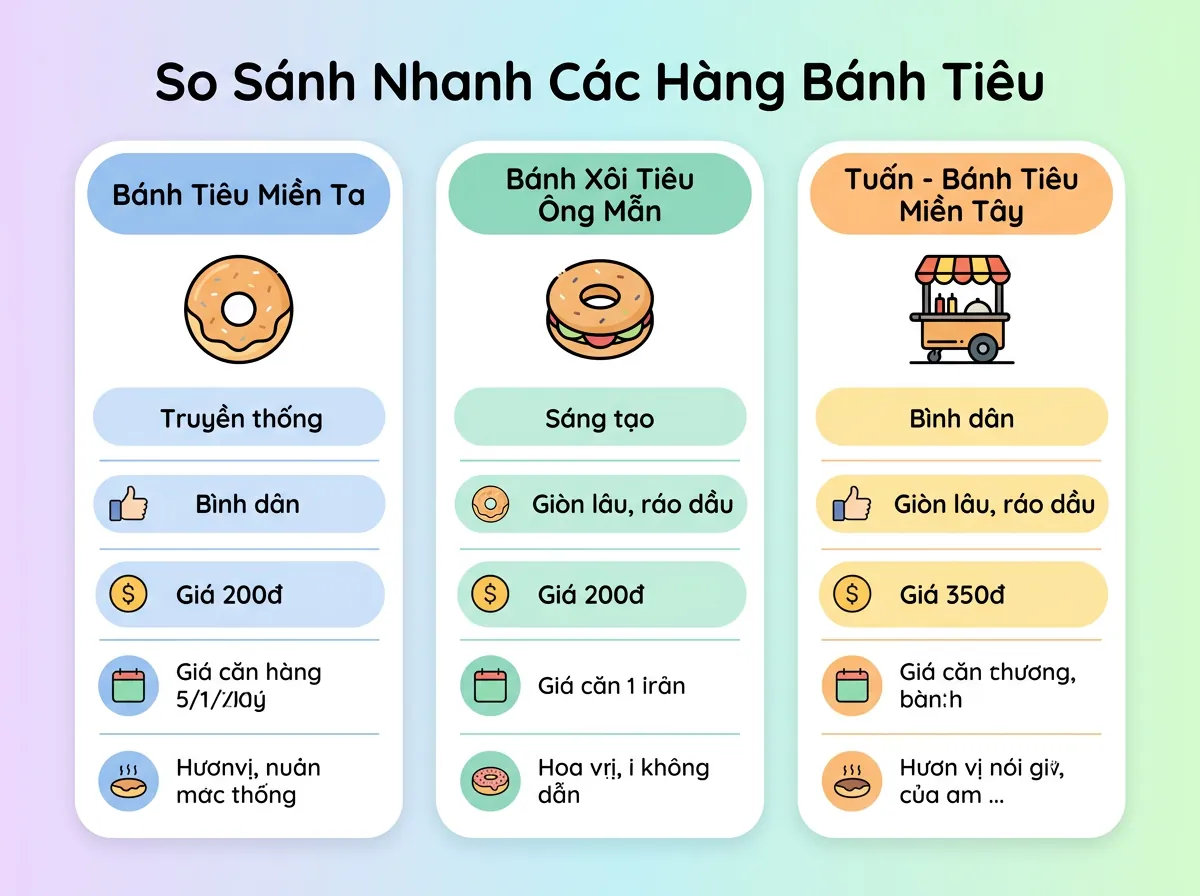 Bảng so sánh trực quan ba quán bánh tiêu ngon ở Đà Nẵng dựa trên phong cách và đặc điểm nổi bật.