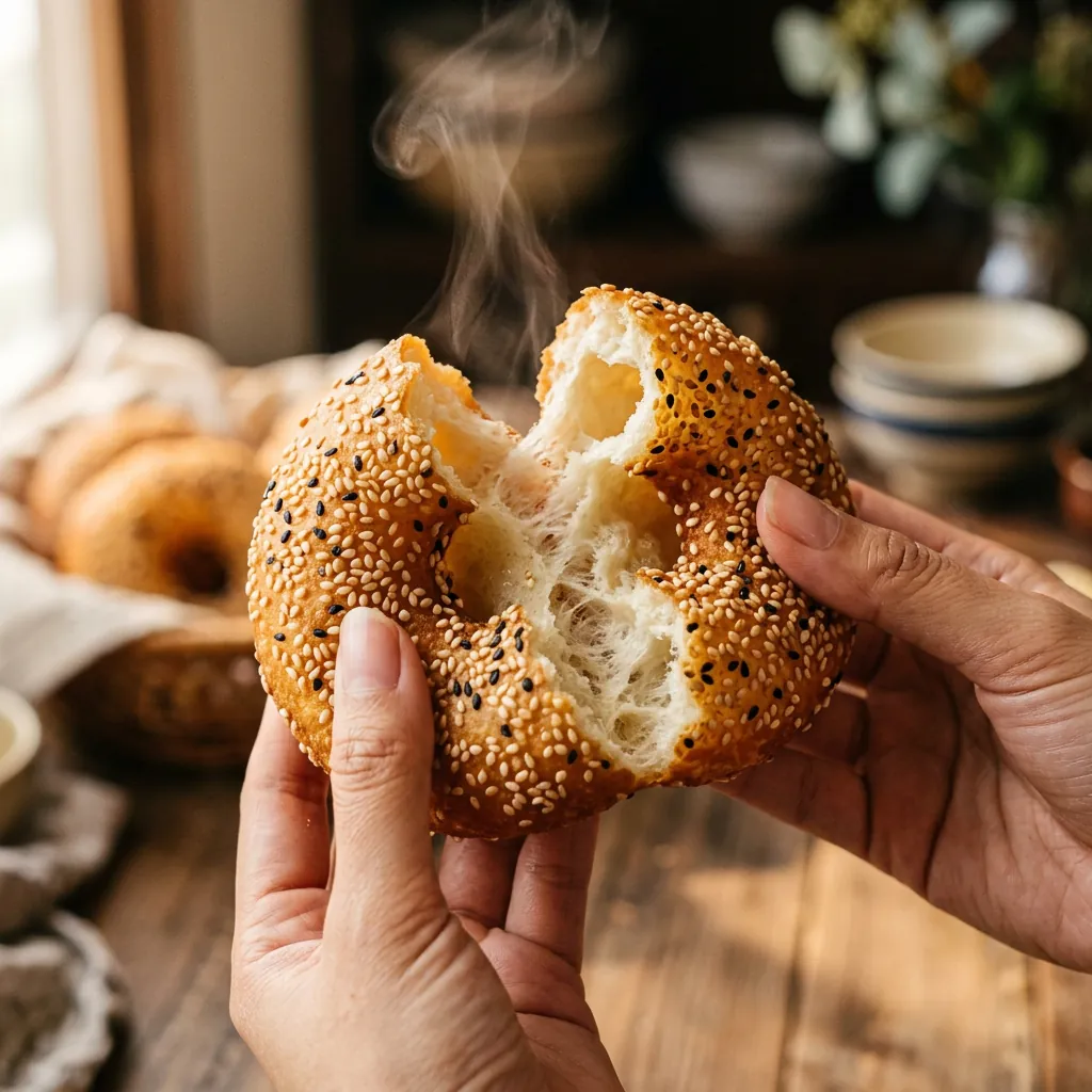 Cận cảnh một chiếc bánh tiêu hoàn hảo được bẻ đôi, để lộ phần ruột rỗng và vỏ ngoài giòn tan.
