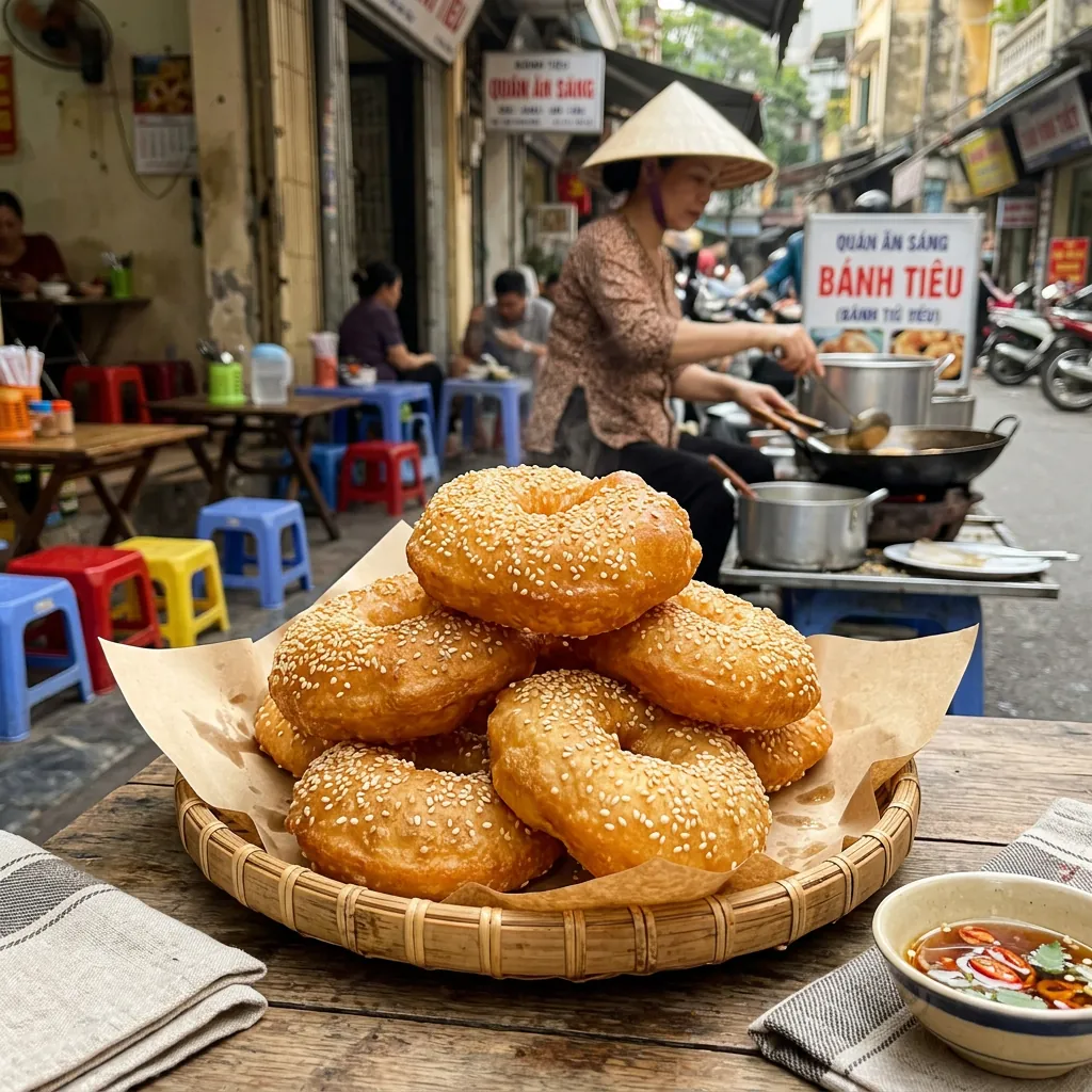 Những chiếc bánh tiêu vàng ươm, giòn rụm và ráo dầu tại một quán ăn ở Đà Nẵng.