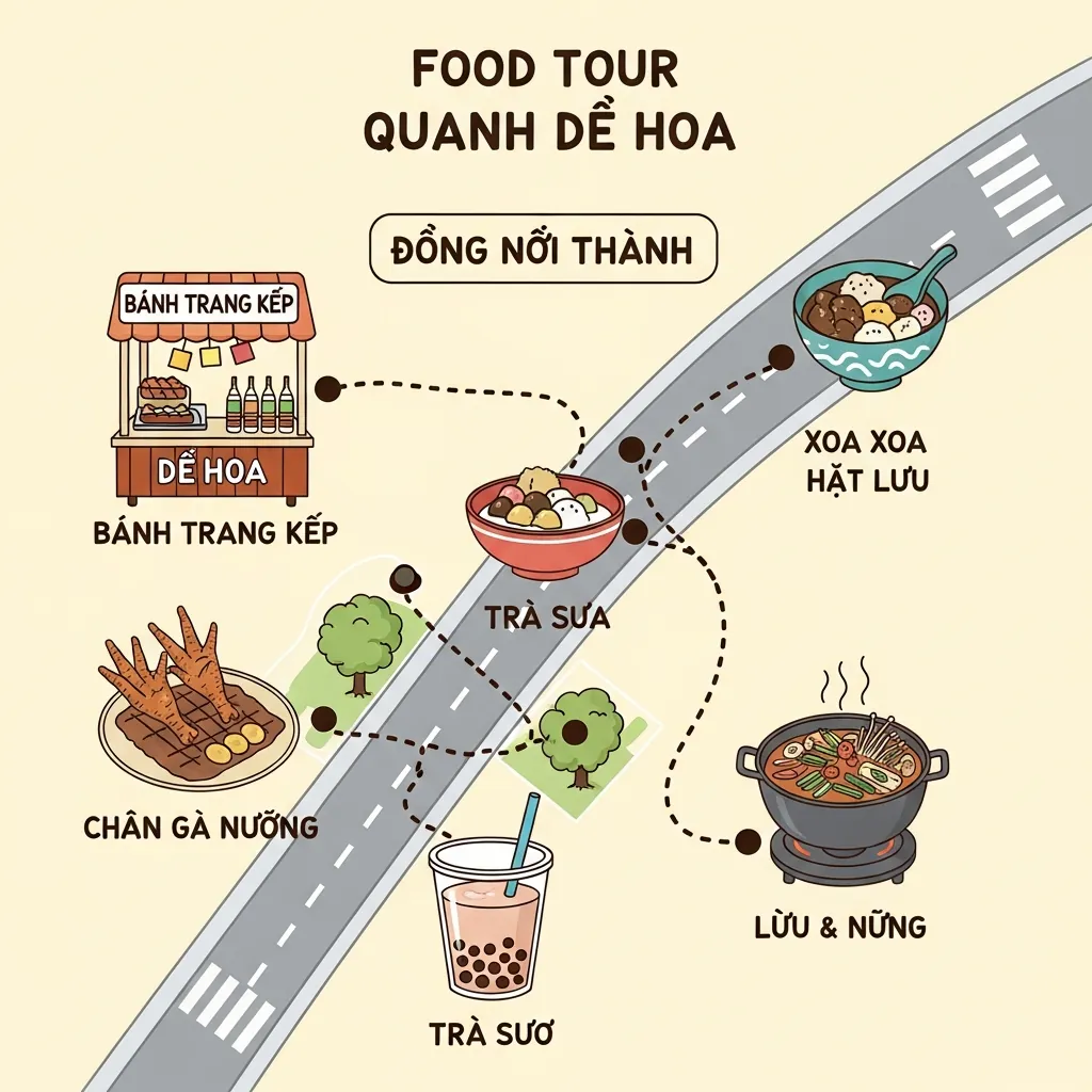 Bản đồ ẩm thực minh họa các quán ăn ngon xung quanh khu vực quán Dì Hoa trên đường Núi Thành.