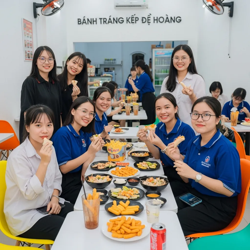 Các bạn trẻ đang vui vẻ ăn uống tại quán bánh tráng kẹp Dì Hoàng, một tụ điểm quen thuộc của học sinh, sinh viên.