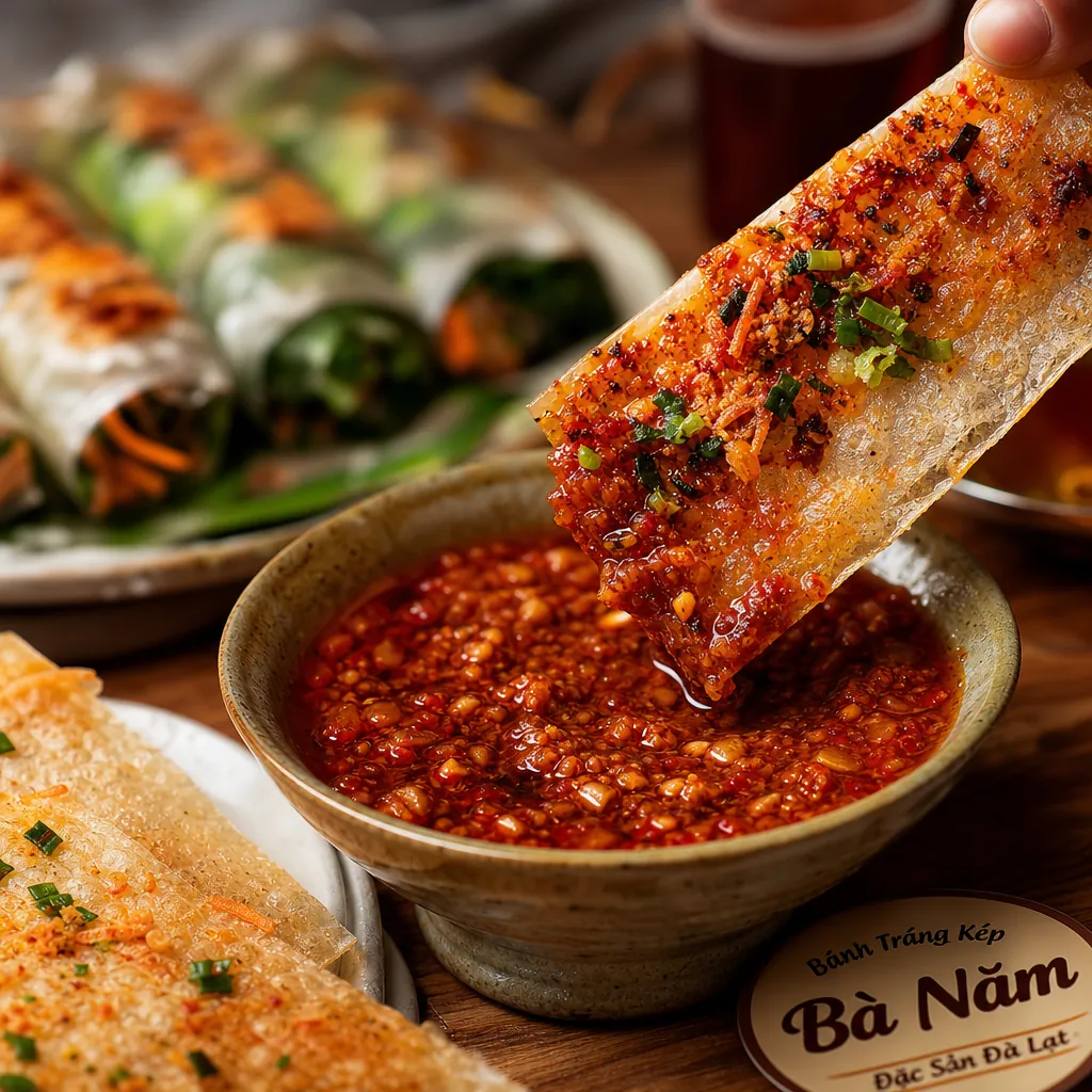 Cận cảnh món bánh tráng kẹp và chén nước chấm sốt ớt bò độc đáo của quán Bà Năm.