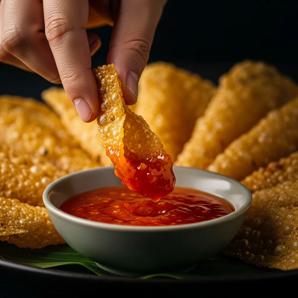 Hình ảnh một người đang cẩn thận chấm một góc nhỏ bánh tráng vào chén nước chấm để thử độ cay.