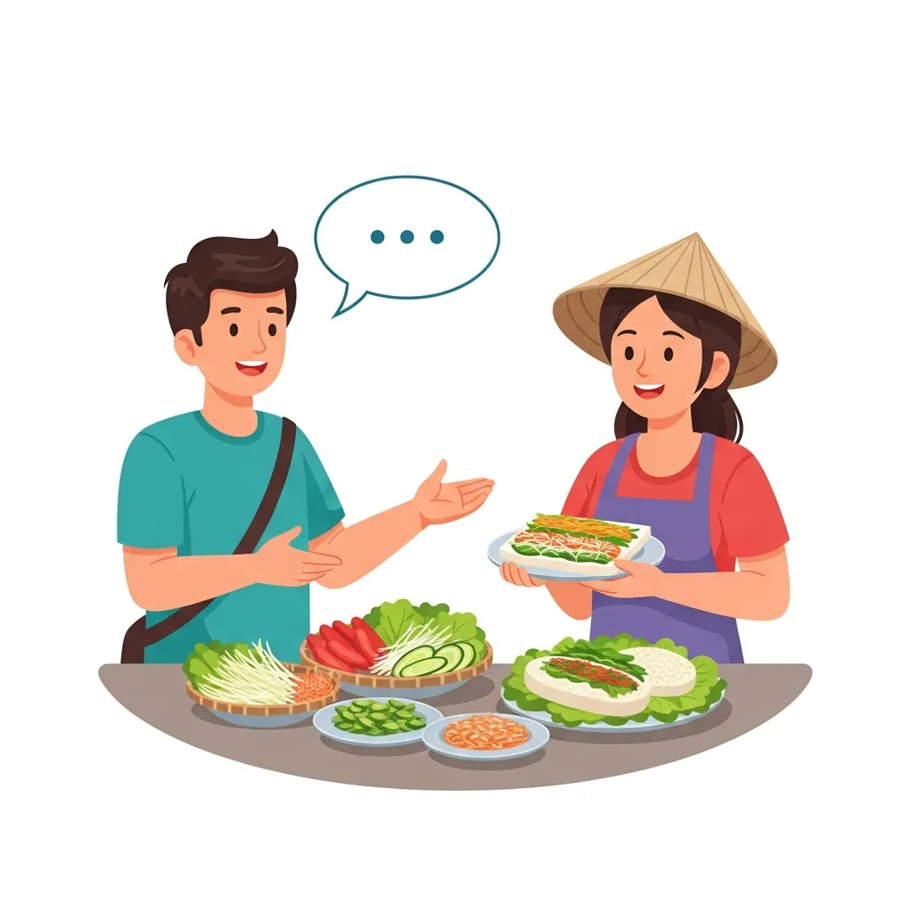Hình minh họa các bước gọi món bánh tráng kẹp tại quán vỉa hè một cách tự tin.
