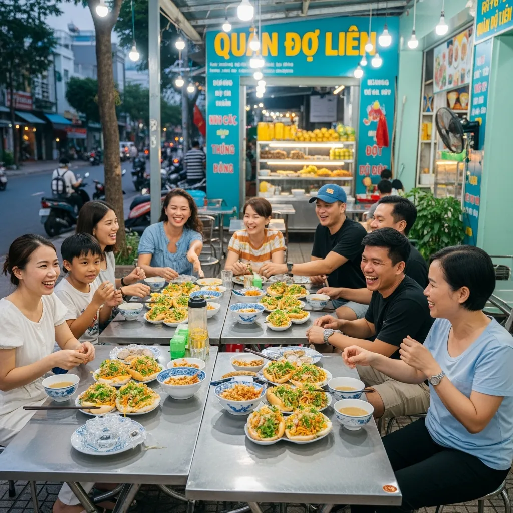 Không gian rộng rãi, thoáng đãng của quán bánh tráng kẹp Dì Liên, phù hợp cho nhóm đông người.