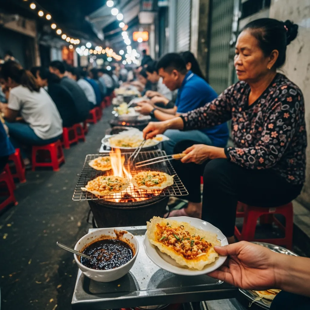 Khung cảnh quán bánh tráng kẹp Dì Hoa trong hẻm nhỏ Núi Thành, tấp nập người ngồi trên ghế nhựa.
