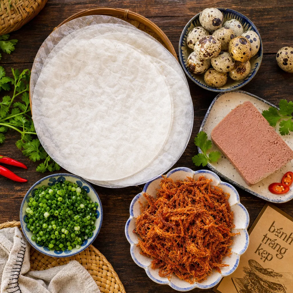 Các nguyên liệu chính để làm bánh tráng kẹp: bánh tráng, trứng cút, pate, bò khô và hành lá.