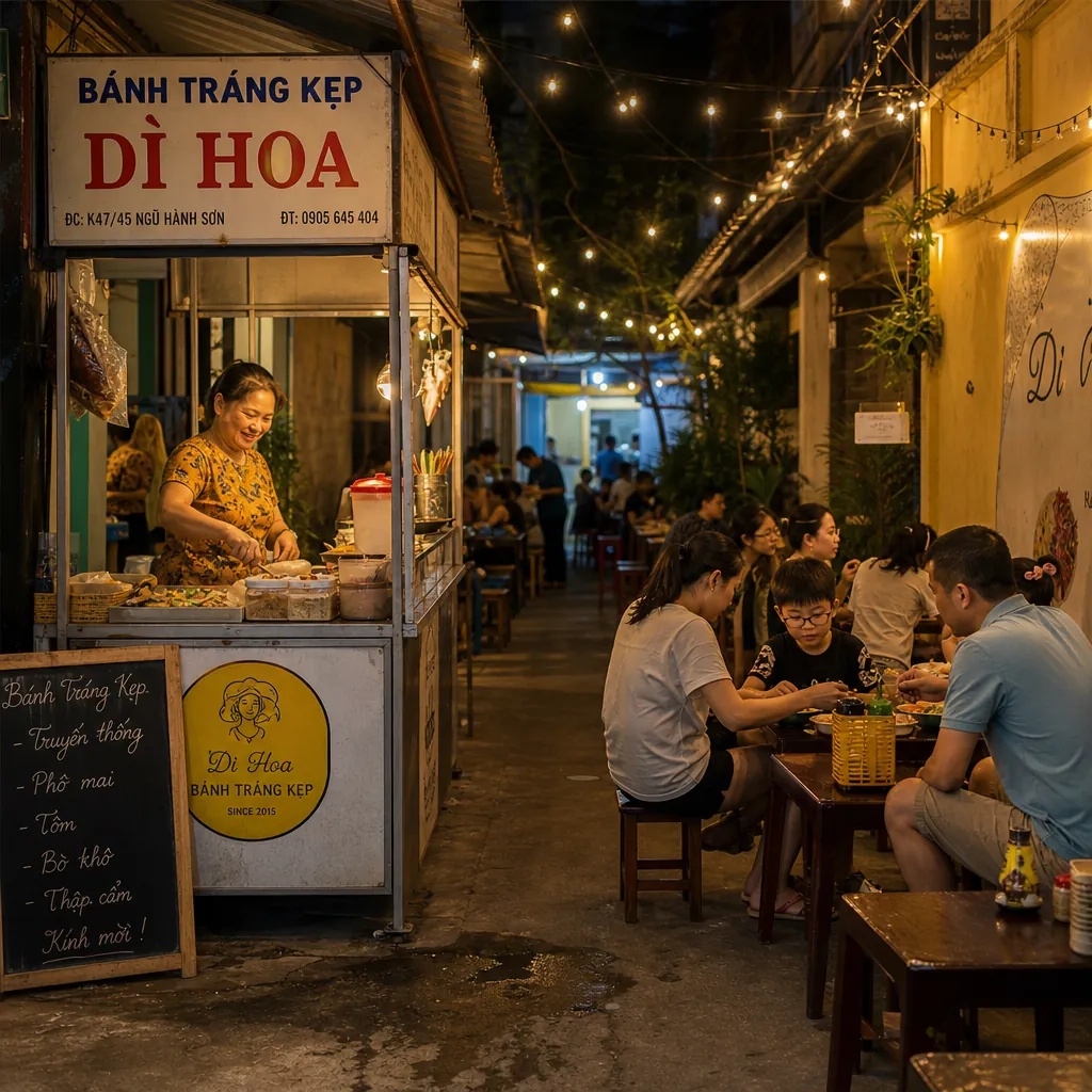 Không gian quán bánh tráng kẹp Dì Hoa trong hẻm Núi Thành, yên tĩnh và dễ chịu hơn.