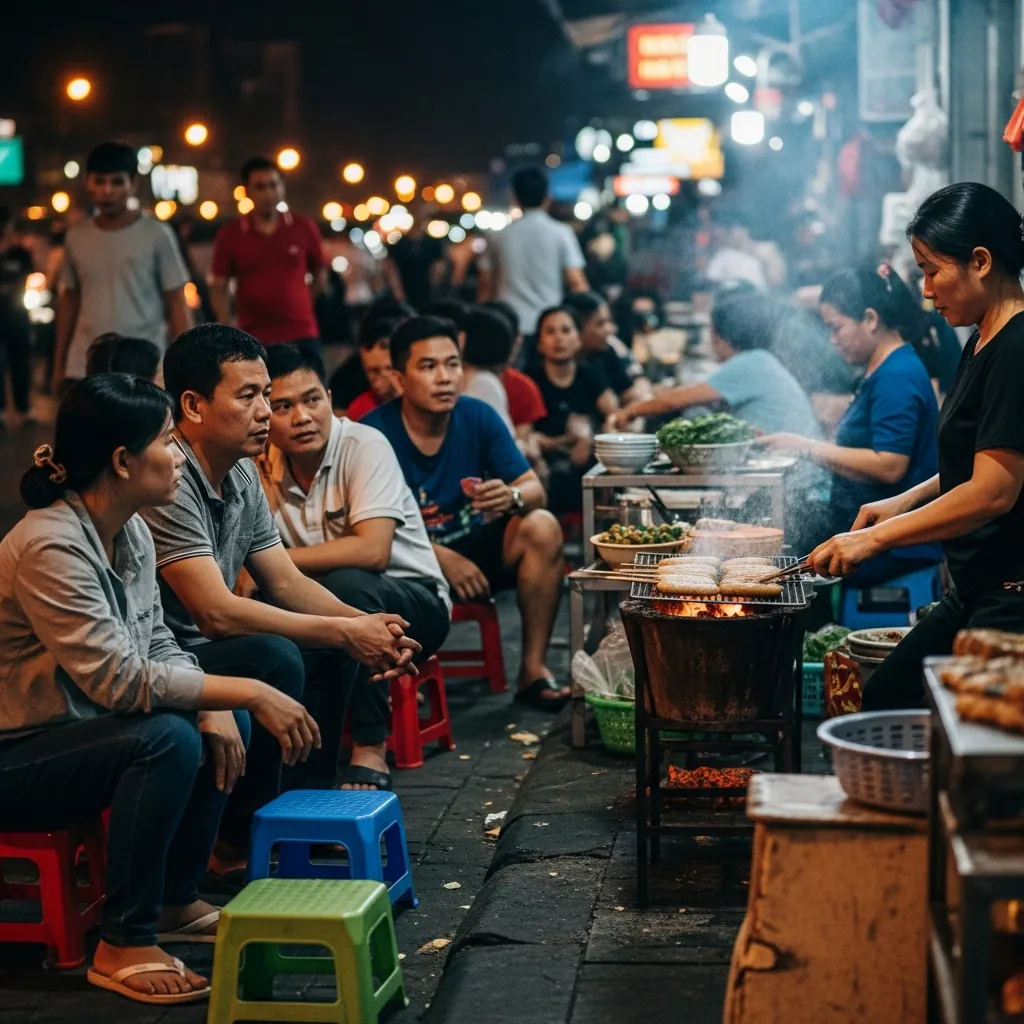 Khung cảnh khách hàng ngồi trên ghế nhựa, kiên nhẫn chờ đợi tại quán bánh tráng kẹp Dì Em.