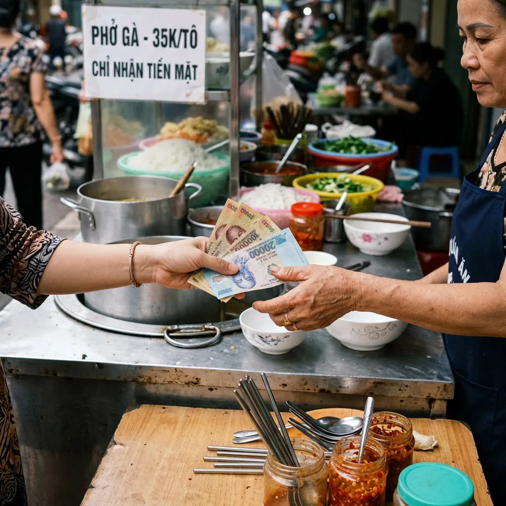 Một giao dịch thanh toán bằng những tờ tiền lẻ Việt Nam tại một quán ăn vỉa hè.