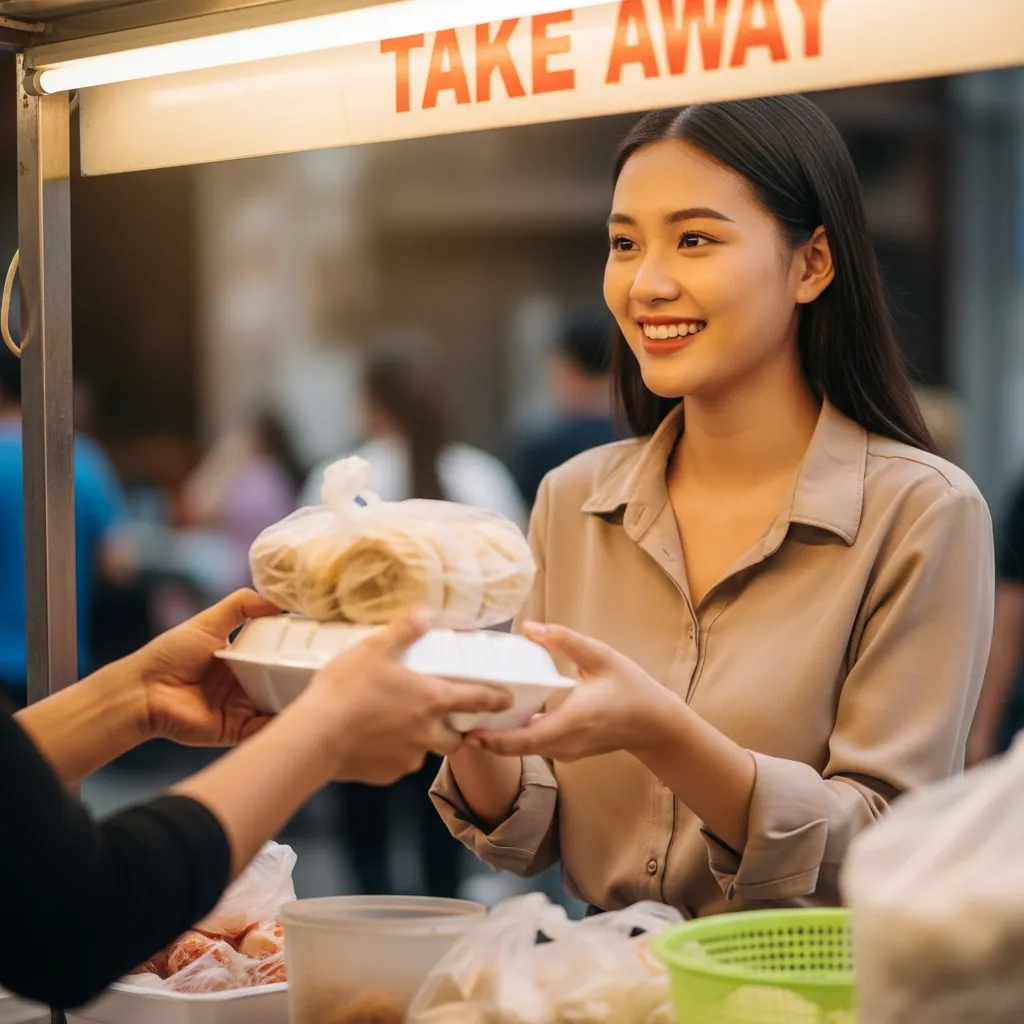 Một khách hàng vui vẻ nhận bánh tráng kẹp được gói trong hộp mang về sạch sẽ.