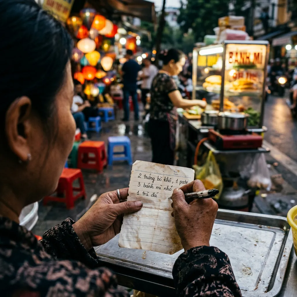 Một người đang cẩn thận ghi món ăn lên một mẩu giấy tại quán vỉa hè.