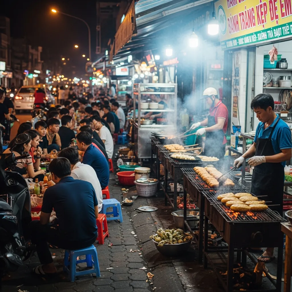 Toàn cảnh quán bánh tráng kẹp Dì Em gốc tại 254 Nguyễn Hoàng, đông đúc và náo nhiệt.