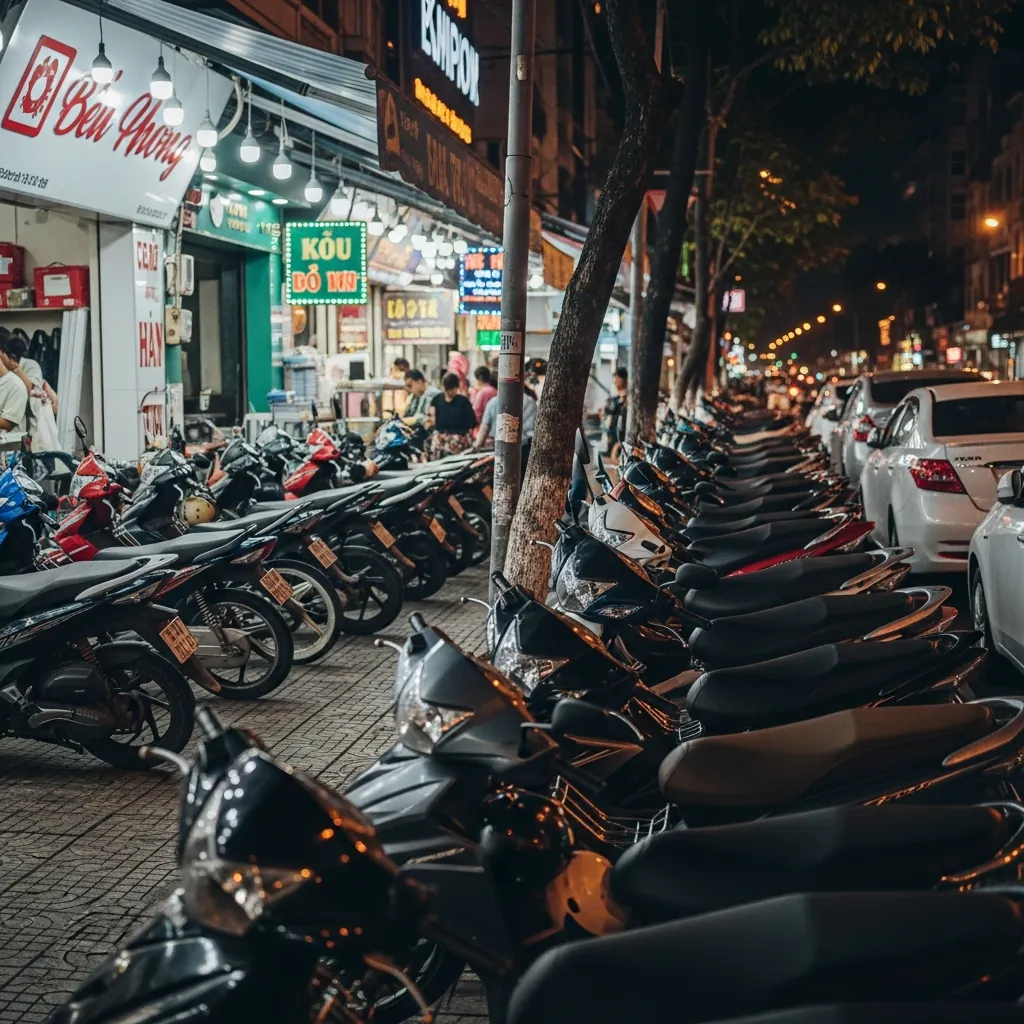 Vỉa hè chật kín xe máy đậu trước một quán ăn đông khách ở Đà Nẵng.