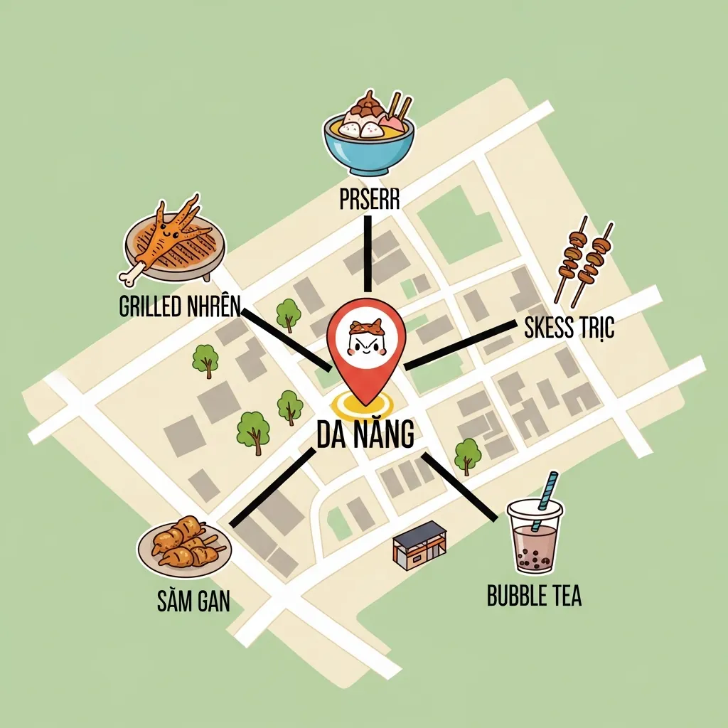 Bản đồ ẩm thực minh họa các quán ăn vặt xung quanh khu vực quán Dì Hoa trên đường Núi Thành.