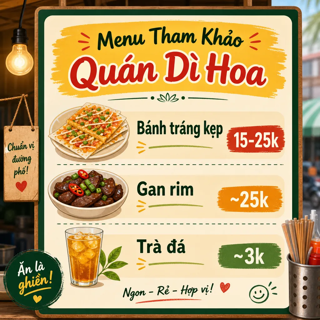 Bảng giá tham khảo các món ăn tại quán bánh tráng kẹp Dì Hoa được minh họa.