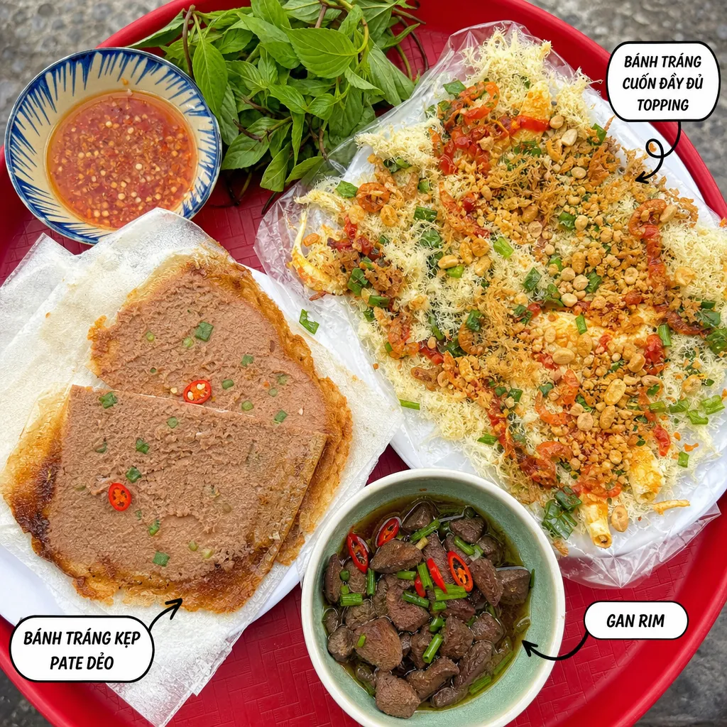 Các món ăn 'bất bại' tại quán Dì Hoa, bao gồm bánh tráng cuốn pate dẻo và gan rim.