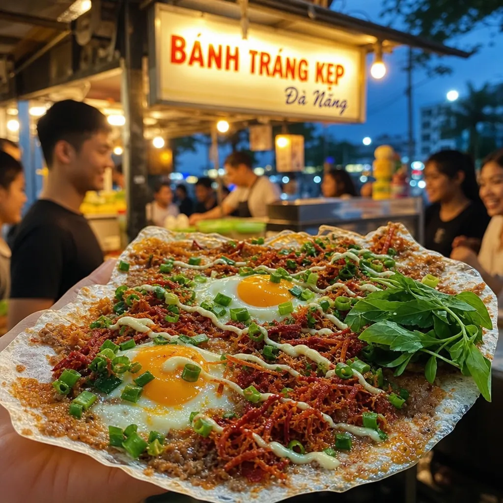 Cận cảnh một đĩa bánh tráng kẹp Dì Hoa hấp dẫn với đầy đủ topping tại Đà Nẵng.